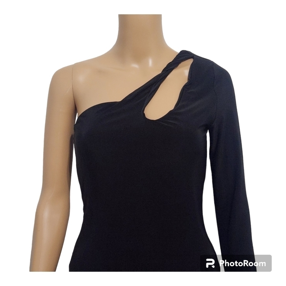21 Saints Black Velvet One Shoulder Cut Out Split Thigh Dress Size Small - Picture 11 of 11